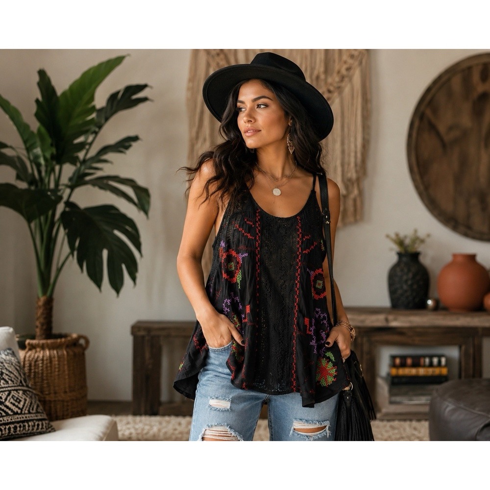 Unomé Black Embroidered Boho Tank Top Small Linen Blend Crochet Lace Festival